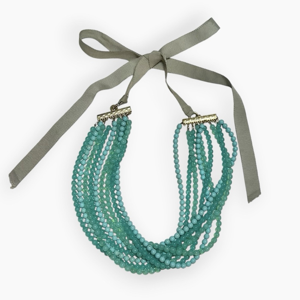 LOREN HOPE Beaded Necklace Good Tone Turquoise‎ Blue Green Multi Strand Ribbon